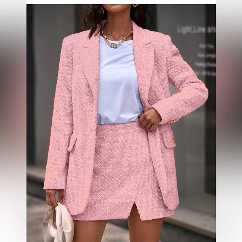 SheIn tweed style blazer and skirt set in pink - size large - Picture 4 of 9